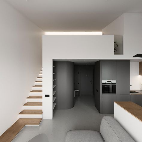 Duplex apartment designed by Pogodin Rogov Group, is an apartment for a young couple in Korolev, Moscow Region. High ceilings made it possible to form a second level for a bedroom with a wardrobe, resulting in a concise two-light space, as well as an increased useful area. #architecture #house #fashion #decor #diy #homedecor #amazingarchitecture #interiordesign #contemporanyhome #modern #residence #designer Modern A Frame Cabin, Apartemen Studio, Place In London, Tiny Loft, Mini Apartments, Slope House, Mini Loft, Duplex Design, Condo Design