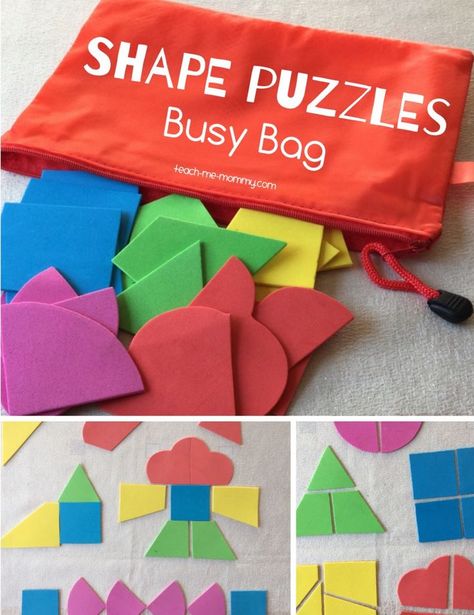 Make a busy bag with shape puzzles using craft foam. The perfect activity for toddlers and preschoolers! Toddler Busy Bags, Activity Bags, Diy Kids Games, Quiet Time Activities, Shapes Preschool, Quiet Activities, Craft Foam, Shapes Activities, Shape Puzzles