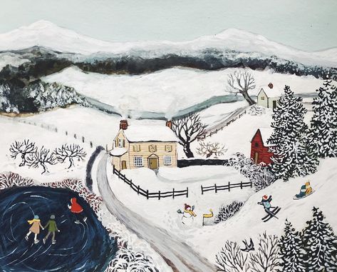 Loré Pemberton on Instagram: “I feel like the yellow house is a comfortable, content, mothering soul watching everything, ready to gather in all the cold fingers & red…” Cold Fingers, Yellow House, Winter Print, Art Et Illustration, Snow Scenes, Winter Art, Naive Art, Arte Animal, Art And Illustration