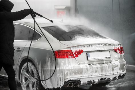 Man washing his grey car under high pres... | Premium Photo #Freepik #photo #car #people #water #hand Clean Leather Seats, Cleaning Air Vents, Car Valet, Car Cleaning Services, High Car, Car Wash Business, Car Wash Services, Pressure Washing Services, Clean Tires