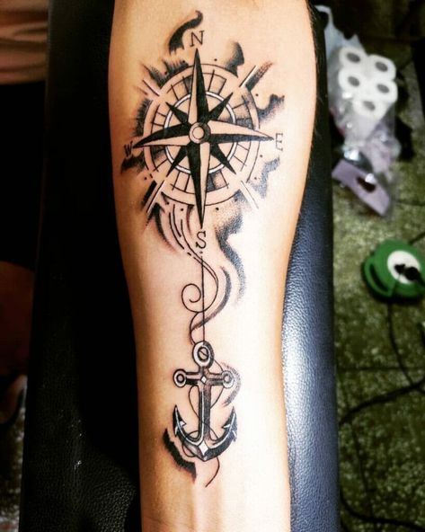 Anchor And Compass Tattoo Women, Compass Anchor Tattoo Design, Compass And Anchor Tattoo, Mermaid Anchor Tattoo, Anchor Tattoos For Women, Anchor Thigh Tattoo, Anchor Tattoo Ideas, Naval Tattoos, Ship Wheel Tattoo