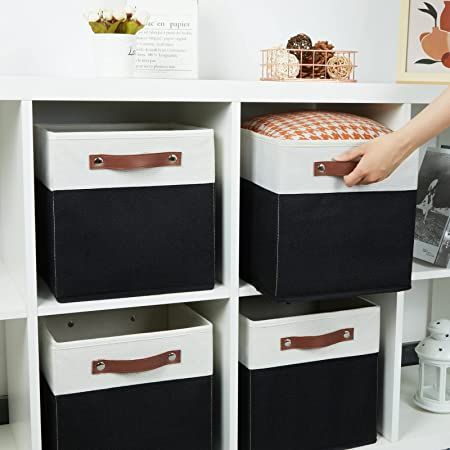 Cubes With Baskets, Black Storage Bins, Dresser Replacement Ideas, Shelf With Baskets, Kitchen Cabinet Organization Layout, Decorative Storage Bins, Fabric Storage Cubes, Wood Office, Cube Storage Bins