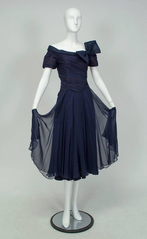 Ceil Chapman Navy Chiffon Dance Dress with Portrait Collar, 1950s For Sale at 1stdibs Formal Blue 1950s Style Dress, Bodice Draping, 1950s Blue Cocktail Dress, 50s Couture, Ceil Chapman 1950s, Blue 1950s Style Cotton Vintage Dress, Ceil Chapman, 1950s Cocktail Dress, Fashion 1920s