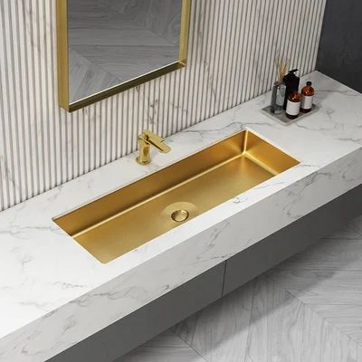 42" Undermount Bathroom Sink Rectangular Stainless Steel Luxury with Drain Brushed Gold Sink Dimension, Bathroom Sink Design, Rectangular Sink Bathroom, Undermount Bathroom Sink, Vessel Sink Faucet, Gold Bathroom, Sink Design, Bathroom Update, Bathroom Design Luxury