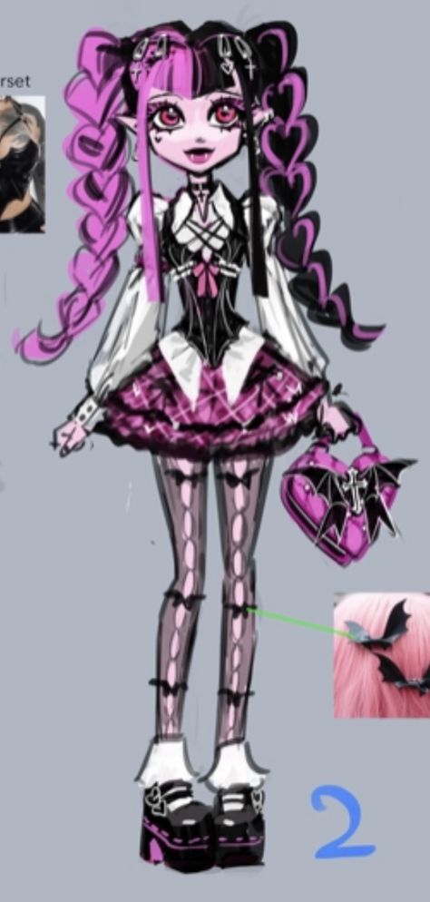 Monster High Redesign Art, Draculaura Design, Monster High Outfits Drawings, Monster High Abbey Fanart, Monster High Design, Monster High Draculaura Fanart, Draculaura X Clawdeen, Draculaura Redesign, Monster High Base