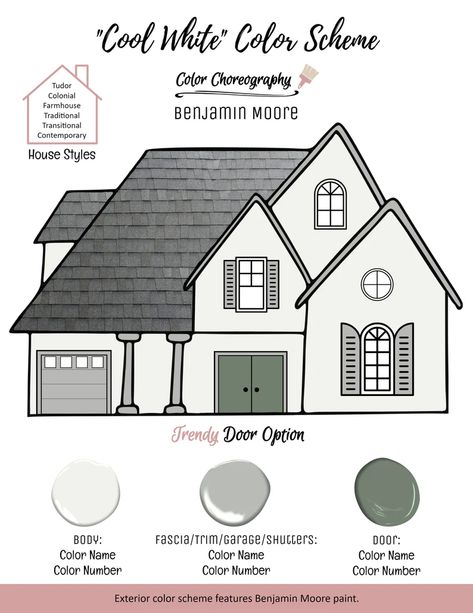 Color Palette Exterior House, House Design Color, Exterior Home Color Schemes, Sage Green House, Benjamin Moore Exterior Paint, Exterior Paint Color Schemes, Benjamin Moore Exterior, Exterior Color Palette, Home Paint Color