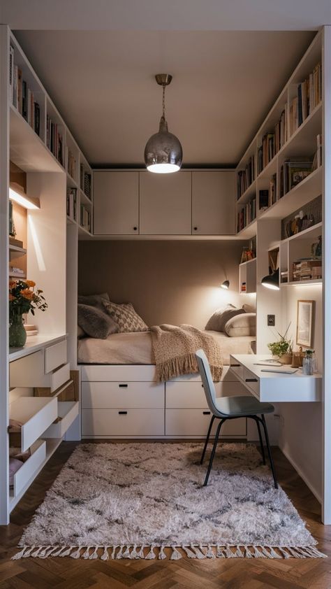 Bedroom Storage Small Room, Small Space Masterbedroom, Bedroom 9 M2, Box Room Storage Ideas, Wardrobe In Small Bedroom, Bedroom With Storage Ideas, Small Box Bedroom Ideas, Extra Small Bedroom Ideas, Small Box Room Ideas