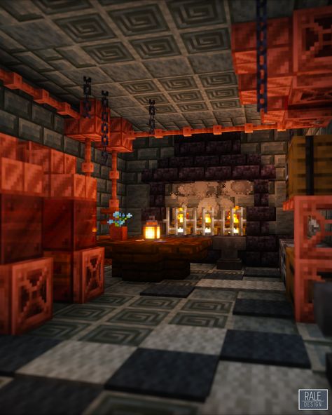 A Minecraft Steampunk Gearhaven Forge with a full survival interior! You can download this build on my Patreon, just follow the link! Minecraft Base Decoration, Minecraft Pub Interior, Minecraft Build Interior, Steampunk Minecraft Base, Minecraft Interior Designs, Minecraft Steampunk Interior, Minecraft Forge Design, Minecraft Forge Ideas, Industrial Minecraft Builds