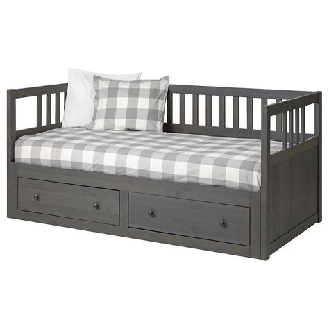 HEMNES Daybed with 2 drawers/2 mattresses, gray stained, Meistervik, 38 1/4x74 3/8". Four functions - sofa, single bed, double bed and storage solution. Get all-over support and comfort with a resilient foam mattress. Ikea Hemnes Daybed, Hemnes Daybed, Divan Cama, Sofa Bed Wooden, Daybed Frame, Spare Bed, Painted Beds, Side Bed, Ikea Hemnes