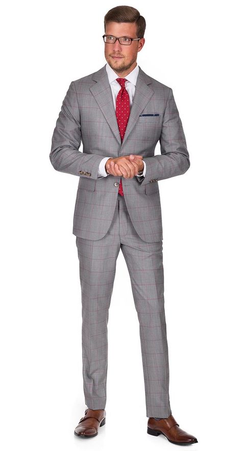 Vendetta Premium Grey & Red Plaid Suit Gray Suit Red Tie, Grey And Red Suit, Grey Suit Red Tie, Suit Red Tie, Red Tie Men, Grey Suit Men, Men's Business Outfits, Men's Business Suits, Custom Suits