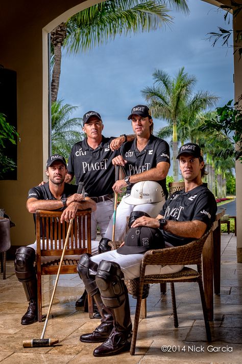 Shooting Stars. Ellerstina Piaget Team Clockwise From Top Left: Mariano Aguerre, Gonzalo Pieres, Nicolas Pieres and Facundo Pieres for Haute Living Magazine. April / May 2014 Edition. #Piaget #Polo #Watch Men And Horses Photography, Horse Men Photography, Polo Horse Riding, Piaget Polo, Polo Ponies, Men's Equestrian, Brown Polo, Horse Polo, Famous Brothers