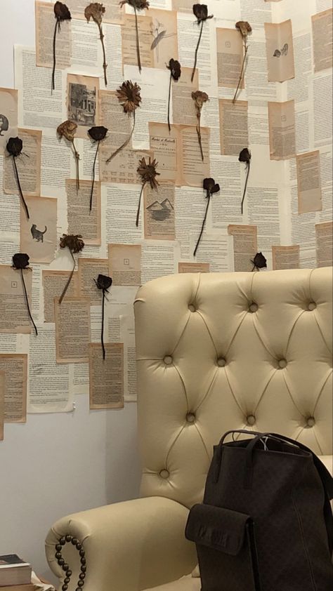 Wall Art Book Pages, Pages From Books On Wall, Wall Decor With Book Pages, Book Pages Aesthetic Wall, Newspaper Wall Decor Aesthetic, Newspaper Wall Decor Ideas, Book Pages Hanging From Ceiling, Newspaper Aesthetic Room Decor, Book Collage Wall