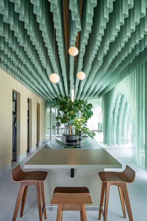 Beyond Space drapes one kilometre of fabric across an Amsterdam office Ocean Hues, Office Workspace, The Ceiling, Cafe Design, Meeting Room, Large Windows, Ceiling Design, Space Design, 인테리어 디자인