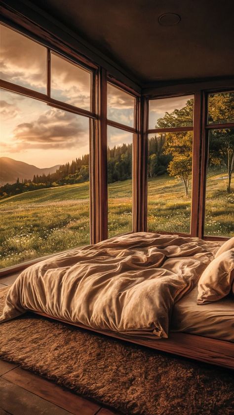 Panoramic Views in Serene Bedroom Panoramic Windows, Cozy Bedrooms, Serene Bedroom, Relaxing Bedroom, Cozy Ambiance, Nature View, Bedroom Goals, Dreamy Bedrooms, Minimalist Chic