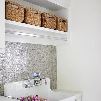 Laundry Room off Kitchen - Transitional - Laundry Room Shelves Above Laundry, Desk Command Center, Shelf Above Sink, Floral Backsplash, Laundry Room Vintage, Shelf With Baskets, Transitional Laundry Room, Grey Laundry Rooms, White Laundry Rooms