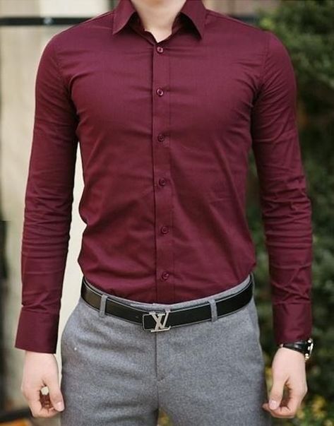 Maroon Shirt Outfit Men Formal, Maroon Shirt Outfit, Red Color Outfits, Maroon Dress Shirt, Grey Pants Outfit, Grey Pants Men, Daily Fits, Red Shirts, Mens Smart Casual Outfits