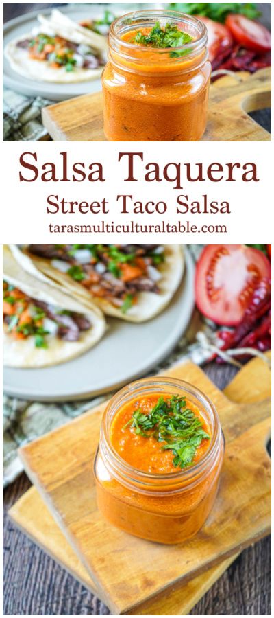 A recipe for Salsa Taquera (Street Taco Salsa) from the cookbook, Taco Obsession- Tara's Multicultural Table- Chiles de árbol are blended with onions, garlic, and tomatoes to create a smoky and spicy flavor. Street Taco Salsa Recipe, Street Taco Salsa, Hot Salsa Recipes, Taco Salsa, Spicy Salsa Recipe, Recipe For Salsa, Taco Sauce Recipes, Mexican Salsa Recipes, Street Taco