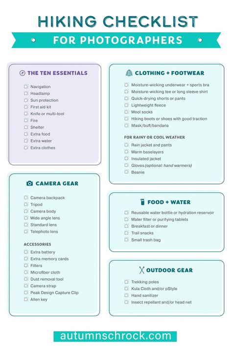 Have you ever forgotten to pack something for your photo adventures? Or maybe you’re just getting started and aren’t sure what all to bring with you? If I didn’t make packing lists, I’d forget my camera… and everything else. 🙈 I figured there must be others out there like me, so I put together my day hiking checklist created specifically for photographers! Hiking Checklist, Day Hiking, Camera Backpack, Packing Lists, Camera Gear, First Aid Kit, Day Hike, Clothing Essentials, Getting Started