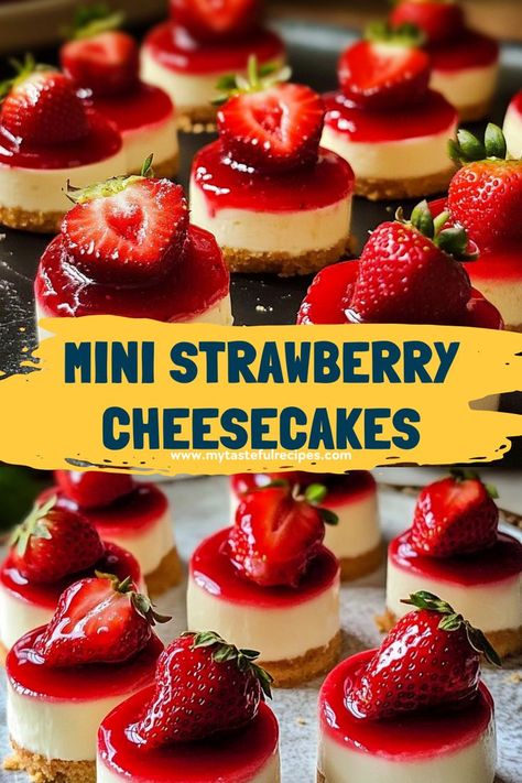 Treat yourself to these Mini Strawberry Cheesecakes! The sweet and tangy filling pairs perfectly with juicy strawberries, making these a refreshing take on a classic dessert. Perfect for summer gatherings, holidays, or just because! Strawberry Shortcake Cups Recipe, Mini Fruit Cheesecakes, Individual Strawberry Cheesecake, Strawberry Cheesecake Decoration Ideas, Strawberry Mini Cheesecake, Strawberry Tarts Mini, Strawberry Cheesecake Cups Recipe, Strawberry Cheesecakes, Cheesecake Decoration