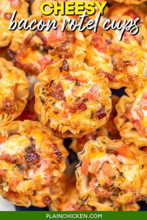 Cheesy Bacon Rotel Cups Recipe - Flaky phyllo pastry cups are filled with gooey cheese, crispy bacon, mayo, and zesty Rotel tomatoes. The perfect appetizer for parties, game days, or any gathering! They are sure to be a hit. Recipes With Mayo, Rotel Cups, Tailgating Appetizers, Bacon Mayo, Rotel Cheese, Plain Chicken Recipe, Bunco Food, Party Meals, Pastry Cups