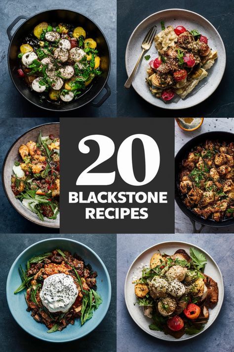 20 Blackstone recipes displayed in a collage of six plated dishes. Flat Top Griddle Recipes, Griddle Recipes Blackstone, Blackstone Dinner Ideas, Blackstone Dinner, Blackstone Recipe, Blackstone Grill Recipes, Outdoor Griddle, Smash Burgers, Blackstone Recipes