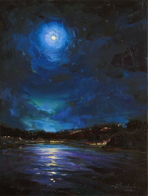 Oil painting on Canvas, Subject: Landscapes, sea and sky, Impressionistic style, One of a kind artwork, Signed on the front, Ready to hang, Size: 45 x 60 x 2 cm (unframed), Materials: oil Night Sky Water Reflection Painting, Oil Painting Moon Night Skies, Night Sky Impressionism, Paintings Of The Night Sky, Night Sky Moon Painting, Night Sky Oil Painting, Blue Nature Painting, Black Canvas Oil Painting, Oil Painting Expressionism