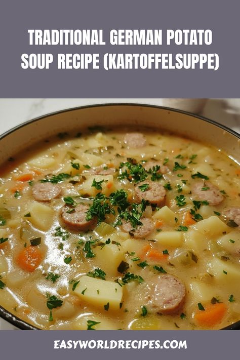 German Potato Soup, or Kartoffelsuppe, is the ultimate comfort food! Creamy potatoes, smoky sausage, and a mix of root vegetables come together in a hearty soup that warms you from the inside out. Paired with crusty bread, this potato soup is as satisfying as it is simple to make. Creamy German Sausage Potato And Sauerkraut Soup, German Soups And Stews, Pork Potato Soup, Soups From Around The World, Potato Dumplings German, German Lentil Soup, German Soup Recipes, German Soups, German Dinner Recipes