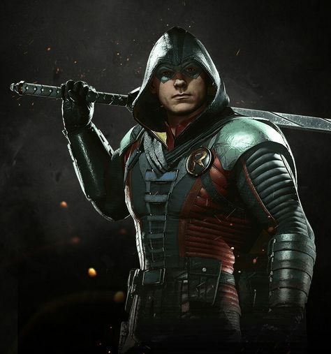 An older Damian Wayne from Injustice 2. Damian Wayne Injustice, Injustice Game, Robin Damian Wayne, Bane Batman, Dc Costumes, Robin Costume, Supergirl Superman, Robin Dc, Injustice 2