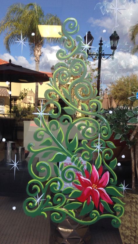 Poinsettia Window Painting, Window Paintings Art, Christmas Business Window Painting, Christmas Themed Window Painting, Festive Window Painting, Painted Holiday Windows, Window Holiday Painting, Cute Christmas Window Paintings, Store Front Window Design