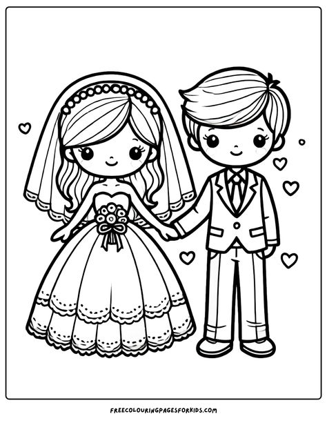 a delightful bride and groom! Wedding Colouring Printables, Disney Couples Coloring Pages, Free Wedding Coloring Pages, Wedding Coloring Pages Free Printable, Bride Coloring Pages, Barbie Wedding Coloring Pages, Engagement Drawing, Wedding Kids Coloring Pages, Wedding Coloring Pages For Kids