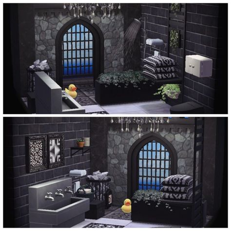 Gothic Mansion Interior, Acnh Bathroom Ideas, Animal Crossing Home Design, Animal Crossing Home Ideas, Animal Crossing House Interior, Happy Home Paradise Ideas, Minecraft Animal Crossing, All Black Bathroom, Animal Crossing Diy