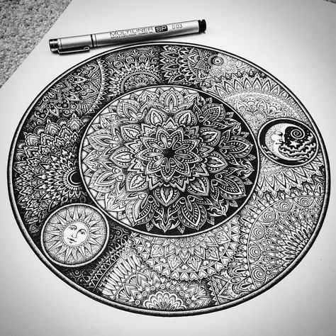 The sun and the moon by Baz Furnell Baz Furnell, Sun And Moon Mandala, Beautiful Pencil Drawings, Easy Mandala Drawing, Mandela Art, Mandala Art Therapy, Pen Art Drawings, Geometric Design Art, Black And White Art Drawing