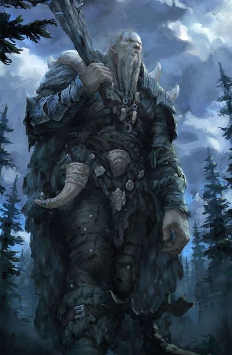 Frost giants, called isejotunen in their own language, were large giants that lived in caverns or castles in cold, mountainous environments. Almost always evil creatures, these giants stood 20' tall and weighed around 2800 lbs. They had white skin and either blue or dirty yellow hair. In combat, frost giants would hurl rocks and then close in with battleaxes. They were immune to cold, but particularly vulnerable to fire, and had low-light vision. Conifer Forest, Creature Fantasy, Heroic Fantasy, Jaime Lannister, Forest Hills, 다크 판타지, Fantasy Races, Arya Stark, Fantasy Monster