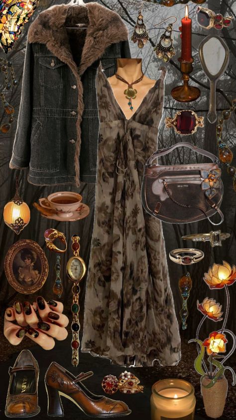 Whimsicalgoth Outfits, Fall Whimsigoth Outfits, Witchy Autumn Outfits, Dark Ethereal Outfit, Fall Earthy Outfits, Whimsical Outfit Aesthetic, Fall Hippie Outfits, Fall Outfits Boho, Vintage Fall Aesthetic