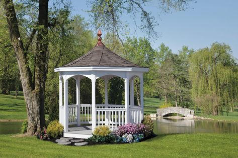 White Vinyl gazebo with electrical package and fossil wood shingles White Gazebo, Gazebo Plans, Museum Design, Backyard Gazebo, Gazebo Pergola, Deck With Pergola, Garden Makeover, Garden Gazebo, Outdoor Gardens Design