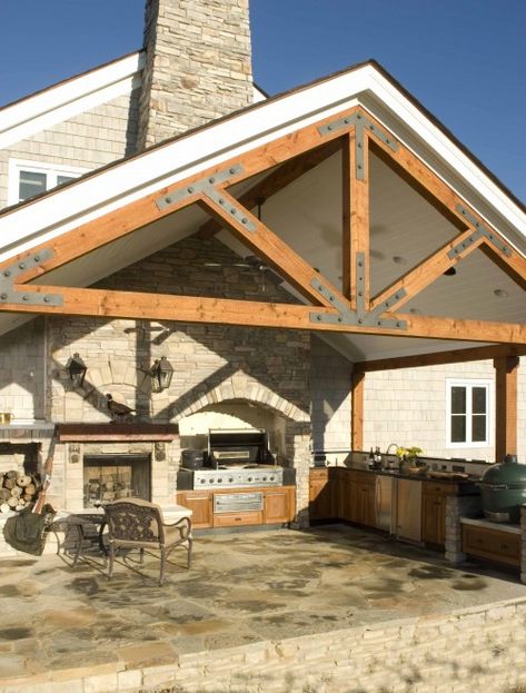 outdoor kitchen, love the pitched roof, not sure this would work with our house though. Verandah Ideas, Backyard Kitchens, Bbq Areas, Carport Ideas, Screened Porches, Outdoor Kitchen Countertops, Pool Liner, Outdoor Kitchen Appliances, Construction Ideas