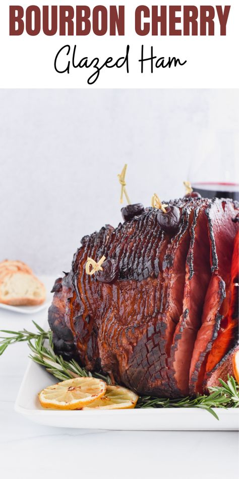 Don’t stress about what to make for your Christmas main dish, this Bourbon-Cherry Glazed Ham is the perfect simple centerpiece for your epic feast. Cherry Ham Glaze, Cherry Glaze Recipe, Bourbon Ham Glaze, Christmas Ham Glaze, Cherry Glazed Ham, Cherry Ham, Christmas Ham Recipes, Holiday Ham Recipes, Christmas Main Dishes