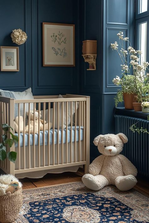 Creative 24+ Dark Blue Apartment Designs That Will Amaze You Dark Blue Baby Room, Dark Blue Nursery Boy, Dark Blue Kids Room, Blue Paint For Boys Room, Navy Blue Baby Room, Blue And Brown Home Decor, Blue Apartment Aesthetic, Dark Blue Nursery, Blue Kids Bedroom