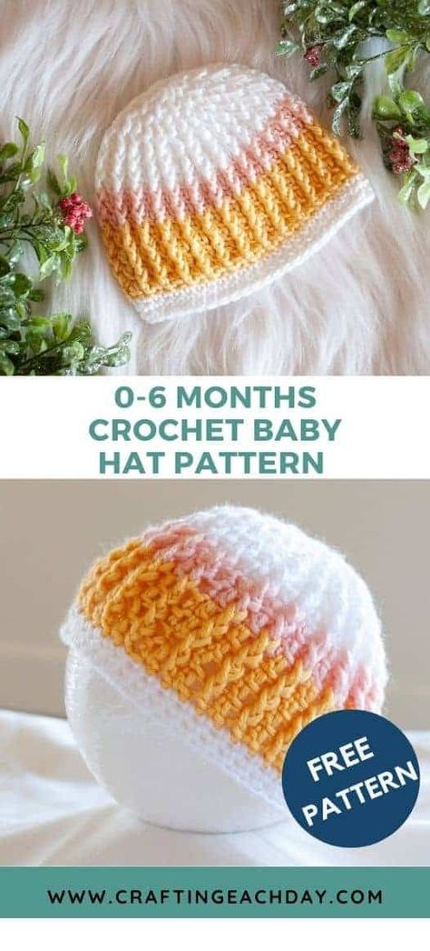 Make a warm and snuggly baby hat with this free 0-6 months crochet baby hat pattern. Use Caron Pantone X bamboo or another worsted weight yarn of your choice. The textured design looks good in both solids and stripes. #crochet #freecrochetpattern #caronpantonex Chunky Newborn Crochet Hat Pattern, Baby Hats Crochet Free Pattern Lovecraftscrochet, 0-3 Month Crochet Hat Pattern Free, Crochet Baby Hat 0-3 Months Free Pattern, Crochet Baby Hats Free Pattern Newborns Aunt B's Loops & Stitches, Easy Crochet Baby Hat, Crochet Baby Hats Free Pattern, Baby Hat Free Pattern, Crochet Baby Cap