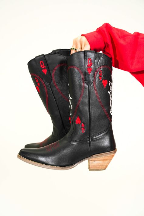 BESTSELLING! Join the royal ranks, with Dingo1969's Queen A Hearts Leather Boot in Black. Embellished with one-of-a-kind stitching and a 2-1/4 inch heel, this 12-inch boot guarantees victory, no matter the cards you're dealt. Foot: Leather Shaft Height: 12" Circumference: 13" Heel Height: 2 1/4" Insole: Cushion Comfort Insole Toe Shape: Narrow Outsole: Rubber Fits TTS/Wide foot size up 1/2 a size Dingo Boots, Wild Rag, Leather Boot, 4 Inch Heels, Black 7, My Dream Closet, Cowgirl Boots, Sock Shoes, Cute Shoes