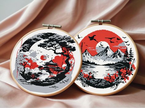 Black and red japanese art cross stitch pattern set, Traditional asian paintings cross stitch with few colors digital pdf download charts by thelittleartveranda on Etsy Japanese Cross Stitch Patterns, Black And White Cross Stitch, Embroider Ideas, Cross Stitch Silhouette, Art Cross Stitch, Vintage Cross Stitch Pattern, Asian Painting, Cute Patches, Vintage Cross Stitches