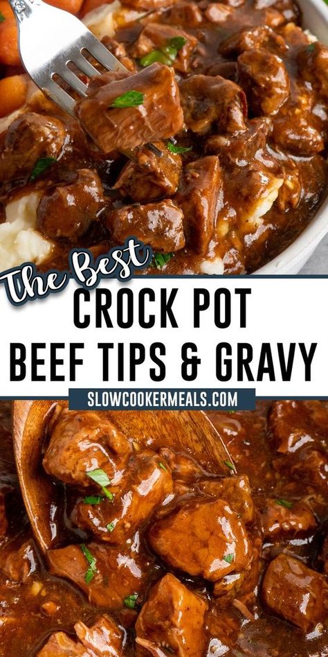 Tender chunks of stew meat are seasoned before being slow-cooked to perfection in this easy recipe for Crock Pot Beef Tips and Gravy! Made with just ten ingredients, the result is a mouthwatering beef dish with a savory gravy that is perfect for an easy family meal. Crockpot Beef Tips And Gravy, Crock Pot Stew Meat Recipes, Crockpot Beef Tips, Crock Pot Beef Tips, Beef Tip Recipes, Crock Pot Beef, Beef Tips And Gravy, Crockpot Stew, Easy Crockpot Dinners