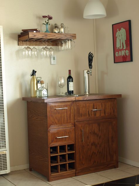 Pottery Barn Wine Bar and Kegerator Inspiration to Actuality ... Bar With Kegerator, Kegerator Cabinet, Kegerator Bar, Apartment Bar, Man Cave Basement, Man Cave Home Bar, Diy Bar, Our Place, Old Kitchen