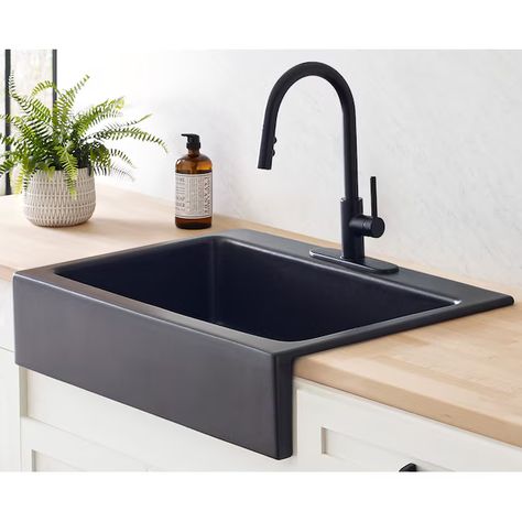 SINKOLOGY Parker Farmhouse Apron Front 33.85-in x 24.25-in Matte Black Fireclay Single Bowl 3-Hole Retrofit Kitchen Sink in the Kitchen Sinks department at Lowes.com Black Sink Kitchen, Drop In Farmhouse Sink, Alder Kitchen, Black Farmhouse Sink, Modern Rustic Cabin, White Farmhouse Sink, Top Mount Kitchen Sink, Black Kitchen Sink, Drop In Kitchen Sink