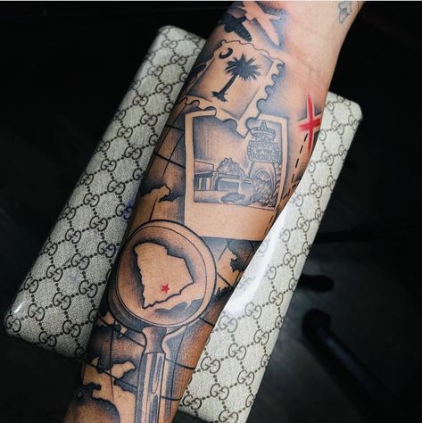 @ inkmilli Back Forearm Tattoo Men Sleeve, South Carolina Tattoo, Thomas Tattoo, Back Of Forearm Tattoo, Calf Sleeve Tattoo, Arm Tattoos For Guys Forearm, Houston Tattoos, Egyptian Tattoo Sleeve, Realistic Tattoo Sleeve