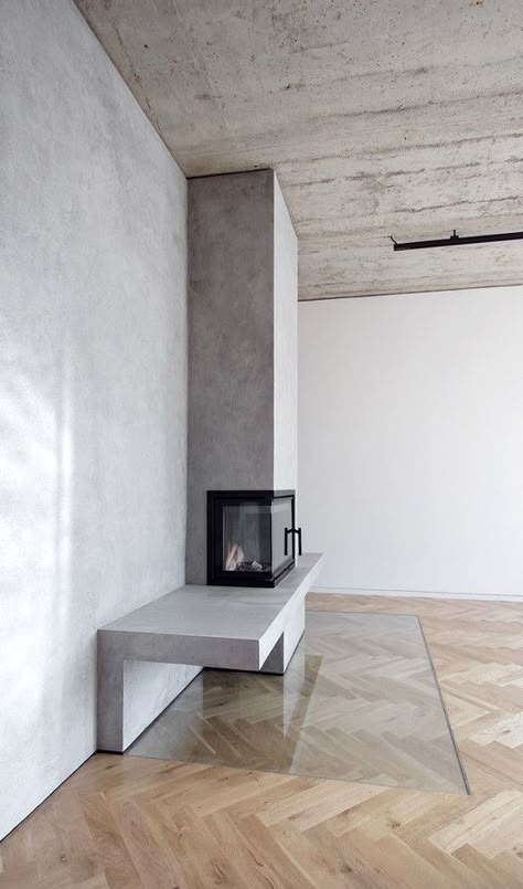 Prague Apartment, Minimalist Fireplace, Boho Apartment, Concrete Effect Paint, Interior Design Minimalist, Living Room Decor Fireplace, Contemporary Fireplace, Minimalist Apartment, Corner Fireplace