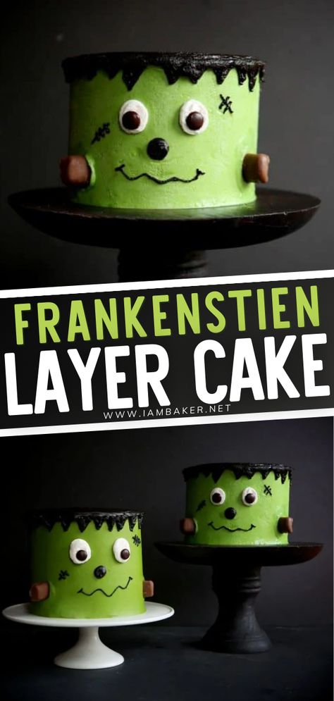 Frankenstein Cake Ideas, 1st Birthday Halloween Cake, Halloween Cakes Birthday, Halloween Chocolate Cake, Frankenstein Cake, Frankenstein Party, Halloween Cake Design, Fake Baking, Cute Halloween Cakes