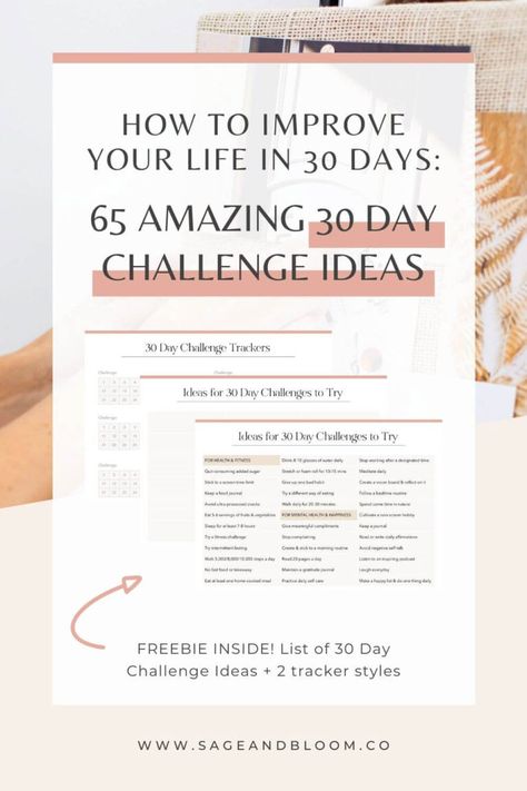 65 Amazing 30 Day Challenge Ideas to Improve Your Life - Sage & Bloom 30 Day Challenge Tracker Free Printables, 365 Day Challenge Ideas, 30 Day Challenges To Try, 30 Day Organization Challenge, 30 Day Challenge Lifestyle, 30 Day Challenge List, Free Printable Tracker, Aesthetic Planners, 30 Day Challenges