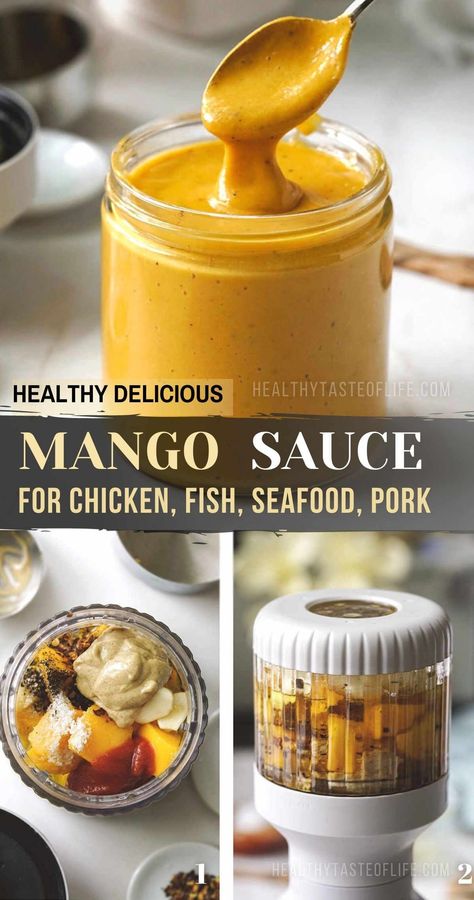 Sweet mango sauce with fruity notes and a slight kick, perfect as marinade for chicken, fish and seafood, or for topping the grilled meat and veggies. You can also use this creamy mango sauce as pasta sauce or drizzled over salads to jazz them up. Make this mango sauce recipe hot and spicy with habanero peppers or light and sweet, it's up to you! #mangosauce #mangorecipe Mango Habanero Tofu, Mango Habanero Chicken Tacos, Mango Sauce For Shrimp, Mango Fish Recipes, Mango Marinade For Chicken, Salmon With Mango Sauce, Mango Bbq Sauce, Mango Sauce Recipes, Shrimp And Mango Recipes