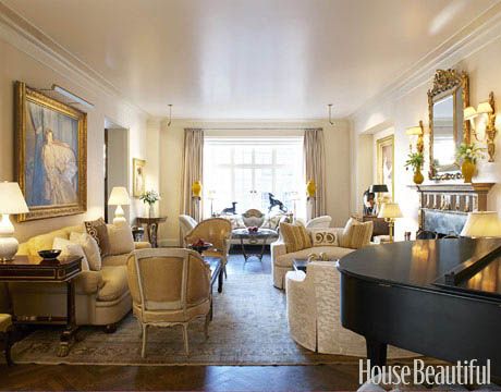 So many pieces of furniture - you could entertain dozens!...AND with a grand piano for entertainment! Love the cream whites and leathery yellows combined to create serene elegance. Room Divided Into Two, Designer Living Rooms, Double Seating, Designer Living, Beautiful Living Rooms, Furniture Layout, Large Living Room, Mellow Yellow, Seating Arrangements